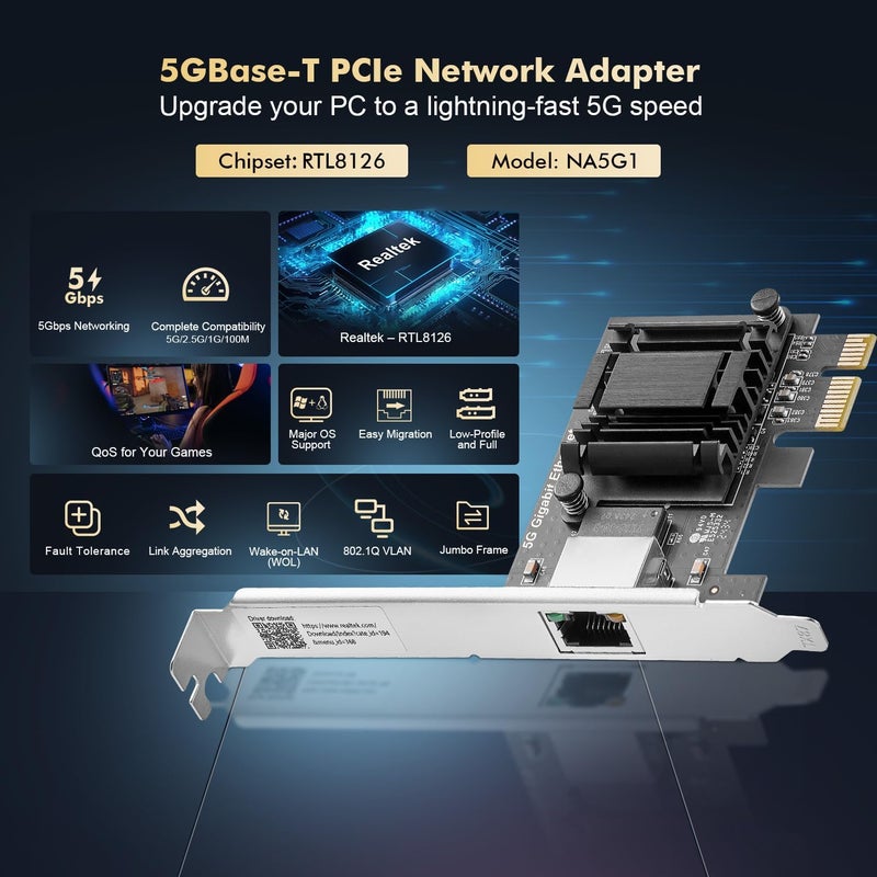 Binardat 5G PCIe Network Adapter, RTL8126 5G/2.5G/1G/100Mbps Ethernet Card RJ45 LAN Controller with Low Profile, Support PXE for Windows 11/10, Linux - Image 2
